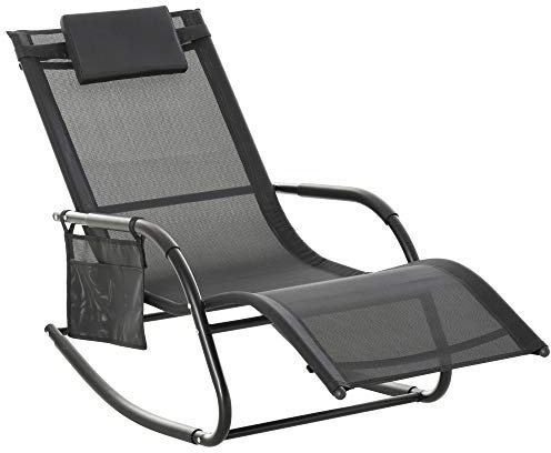 Outsunny Mecedora de Exterior Tumbona Mecedora con Reposabrazos Reposacabezas Acolchado y Bolsillo Lateral Carga 120 kg para Jardín Terraza Patio 150x62x88 cm Negro