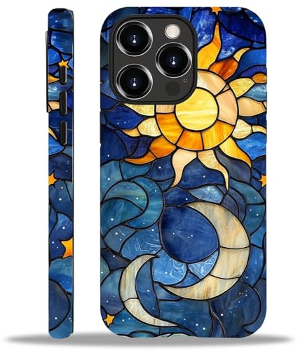 artslion Aesthetic Hülle für iPhone 15 Pro mit Muster, Stoßfest & Kratzfest Anti-Rutsch Schutzhülle Glasmalerei-Sonne-Mond Design