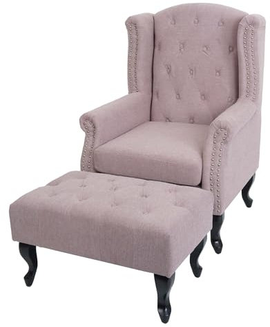 Mendler Sessel Chesterfield, Relaxsessel Clubsessel Ohrensessel, wasserabweisend Stoff/Textil - Hellrosa mit Ottomane