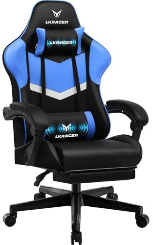 LUCKRACER Gaming Stuhl mit fußstütze Bürostuhl Ergonomisch mit verstellbare Lendenkissen, Kopfkissen Gaming Chair,Höhenverstellbarer Gamer Stuhl, 150 kg Belastbarkeit blau