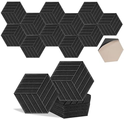 Akustikplatten Selbstklebend, 12 Stück Hochdichte Schallabsorber & Akustikpaneele für Wand, Decke & Tür (30x30x0.9cm),Ideal für Gaming Zimmer, Studio & Home Deko (Schwarz, Hexagon)