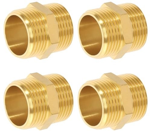 Nipplo Doppio da 1 Pollice in Ottone Filettatura Maschio, 4 Pezzi Nipplo Doppio con Esagono Robusto e Inossidabile, Raccordo per Tubo in Ottone Raccordo Filettato Raccordi Adatti All'acqua Potabile