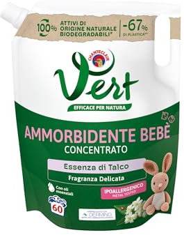Vert - Ammorbidente Lavatrice Bebè Concentrato - Essenza di Talco, Fragranza di Lunga Durata 100% Origine Naturale, Ipoallergenico, per Pelli Sensibili - Flacone da 1200 ml, 60 Lavaggi
