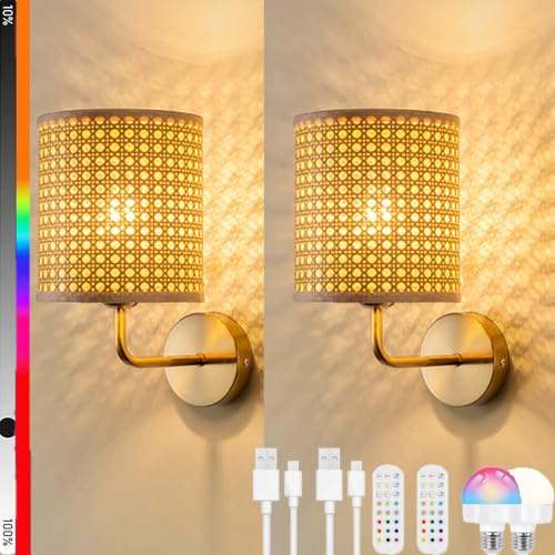 LOGT 2 Stück RGB Akku Wandleuchte Boho Ohne Stromanschluss Rattan Wandlampe Batterie Gold LED Boholampe mit Fernbedienung Dimmbare Bambus Handgewebter Nachttischleuchte Innen USB Aufladung
