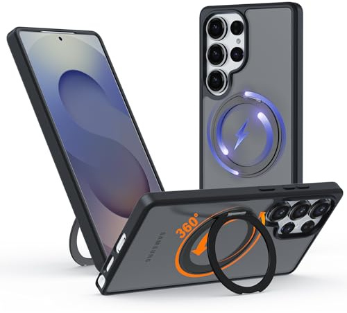 Hülle für Samsung Galaxy S24 Ultra mit 360° Magnetischem Ständer, für MagSafe Kompatible Handyhülle mit Ring, Schlankes Case mit Matter Rückseite, Robust & Stabil für Video und Büro, Schwarz
