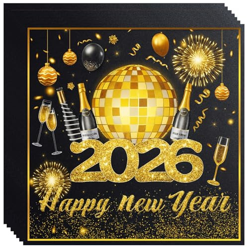Silvester Servietten 2026 – 40 Stück Doppelstufe - Happy New Year Servietten in Gold & Schwarz für Tischdeko Silvester 2026 & Party