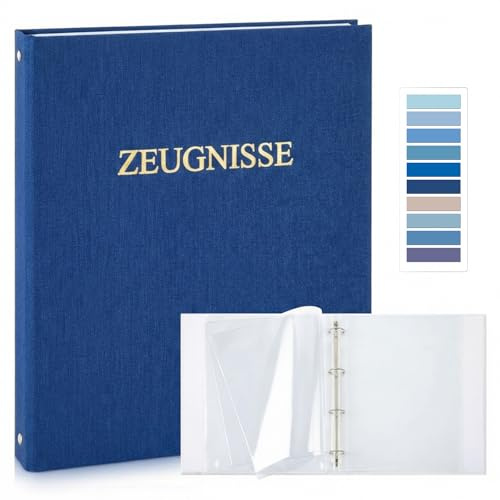 BBTO Leinen Zeugnismappe A4 Erweiterbar mit 20 Hüllen Sichtbuch Klarsichthüllen Zeugnisordner Dokumentenmappe Urkunden Zeugnisse Transparenter Etikettenindexaufkleber (Goldfolienbeschriftung)