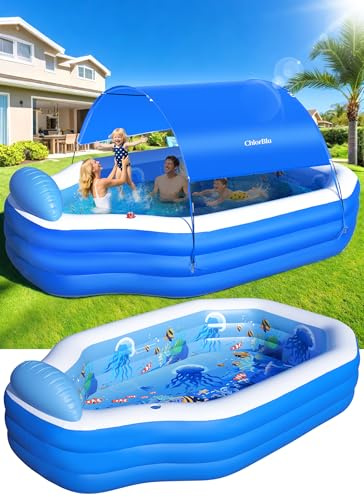 ChlorBlu Piscina Gonfiabile Grande con Tettoia, 300x190x55cm Piscina Gonfiabile per Adulti, Piscine Gonfiabili Familiari Resistenti e Rinforzate con Sedili, Piscina Familiare per Giardino Esterno