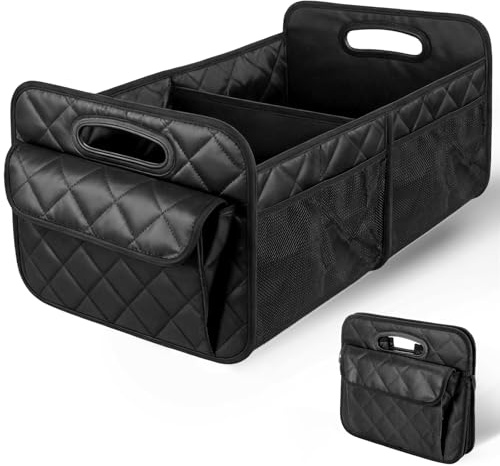 TranRantic Car Boot Organiser, 50L Trunk Storage Box with 7 Pockets | 840D Oxford Fabric & Cotton Wadding, Black Diamond-Stitched Design, Reinforced Base and Comfort Handle