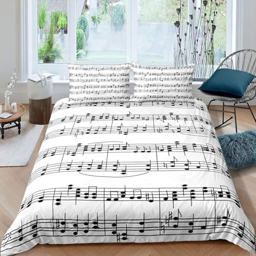 okoikfc Musiknoten Bettwäsche 155x200 3D Schwarz Und Weiß Bettbezug Set 3-teilig Mikrofaser Bettwäsche mit 2 Kissenbezügen 80x80 cm, Weich, Atmungsaktiv & Bügelfrei – Mit Reißverschluss C-584