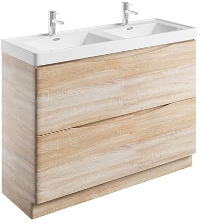 Go Bathrooms Floor Vanity Unit 1200mm Pale Oak Ceramic | Pale oak finish floor-standing under-sink bathroom storage cabinet with integrated white ceramic basin.