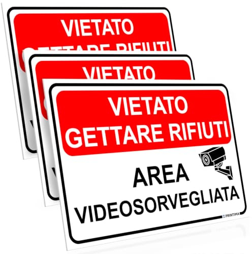 PRINTIMA 32x21 cm set 3 targhe Vietato Gettare Rifiuti Area Videosorvegliata, cartelli di divieto per casa, azienda e proprietà con set di montaggio incluso pratico e visibile