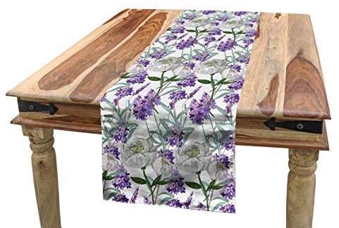 ABAKUHAUS Floral Tischläufer, Lavendel und Pfingstrose, Esszimmer Küche Rechteckiger Dekorativer Tischläufer, 40 x 225 cm, Weiß Lila
