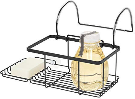iDesign Badewannenablage, kleine Badablage zum Einhängen über der Wanne aus Metall, Badewannenregal ohne Bohren für Seife, Kosmetik, Bücher, Tablet und Handy, mattschwarz