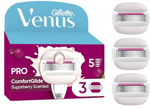Gillette Venus Pro ComfortGlide Hojas Con Aroma Sugarberry Con Crema Hidratante Olay, 3 Recambios, Mango De Metal Reutilizable Y Soporte Para La Ducha