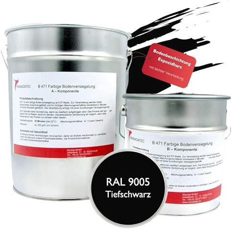 MANADATEC 2k Epoxidharz Bodenbeschichtung 5kg I RAL 9005 Tiefschwarz I Lösemittelfrei, Umweltfreundlich & Geruchsneutral I Beschichtung für Garagen- & Kellerböden I Hohe Schlagfestigkeit
