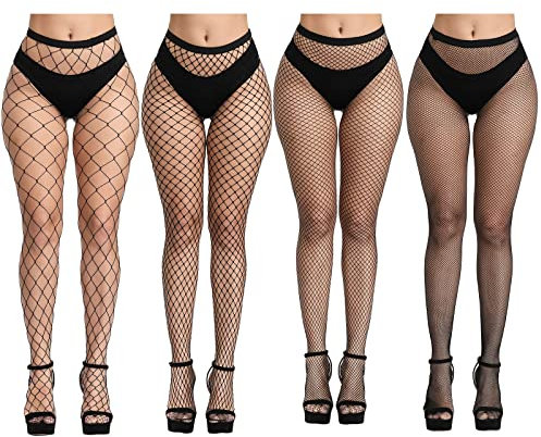 CHRORINE Paquete de 2/4/8 medias de red para mujer, de cintura alta, 2/4 estilos, medias de red, Negro -, Talla única