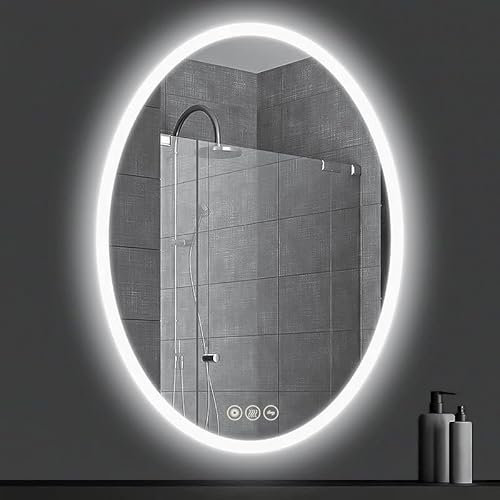 AI-LIGHTING Oval Bathroom Mirror LED Lighted Wall Mount Vanity Mirror with Dimmer Switch Backlit Bathroom Mirrors with LED Lights 50x70 cm Frameless Anti-Fog 3 Color tones