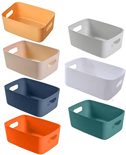 HZSOOCH 7 Pack Small Plastic Storage Baskets, Colour Cupboard Storage Baskets Kitchen Tidy Organizers for Home, Office and School (25 x 16.5 x 10 cm)…
