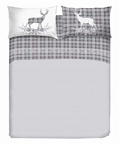 PENSIERI DELICATI Bettwäsche-Set für Ehebett aus 100% Baumwolle, Bettwäsche für Doppelbett 180x200 Inklusive Unterlaken, Oberlaken und 2 Kissenbezügen, Made in Italy, Tartan Hirsche Grau Fantasie
