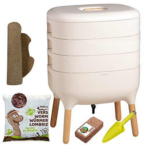 Moutta I Urbalive 3 Bandejas Marfil, Kit Completo I Diseño Vermicompostaje I 500g lombrices / 1000 uds. I Sustrato Inicial I Estera de cáñamo + Pala I Interior, balcón y jardín
