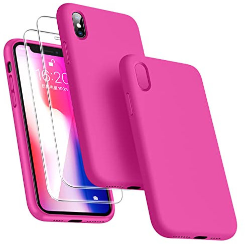 Dssairo 3-in-1-Schutzhülle für iPhone X/iPhone XS, mit 2 Displayschutzfolien, Flüssigsilikon, dünn, stoßfest, 14,7 cm (5,8 Zoll), Mikrofaser-Innenfutter, Hot Pink