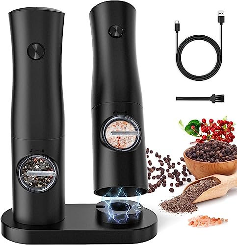 Zirzoe Electric Salt and Pepper Grinder Sets, USB Rechargeable Salt and Pepper Mills with Charging Base, Faster Ceramic Grinder, Adjustable Coarseness, Led Light, Automatic Grinder for Home, Kitchen
