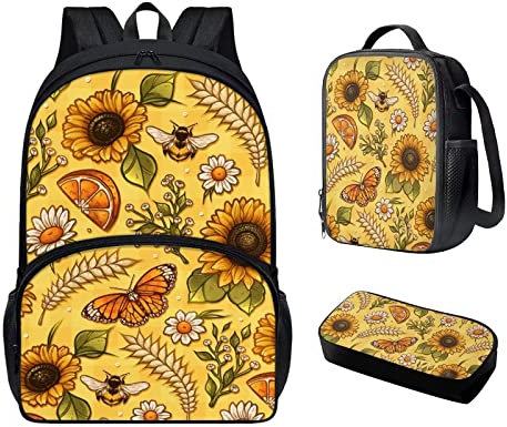 DISNIMO Rucksäcke für Mädchen Jungen Schultaschen Kinderrucksack mit Lunchbox und Federmäppchen für Kinder ab 3 Jahren, Sonnenblumenbiene, Medium