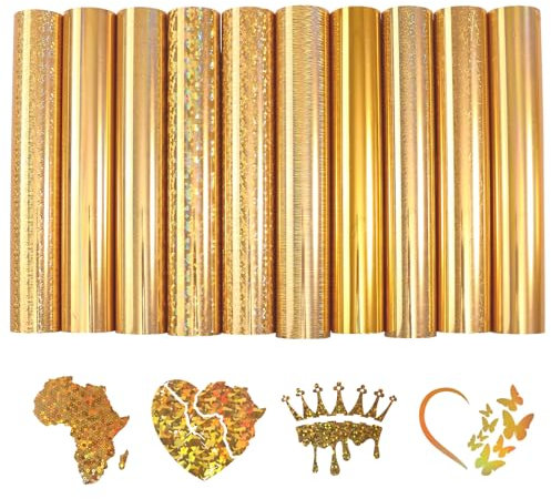HTVSTD Gold HTV Heat Transfer Vinyl - 10 Sheets Holographic Gold HTV Iron On Vinyl for Fabrics Gold Metallic HTV Heat Transfer Vinyl for T-Shirts Compatible with Silhoutte Cameo Or Cricut, STD-H-0007