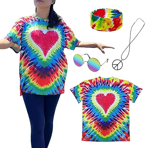 XonyiCos Hippie-Kostüm für Herren und Damen, 60er und 70er Jahre, buntes T-Shirt, Sonnenbrille, Stirnband, Friedenskette, 4-teiliges Set für Motto-Party