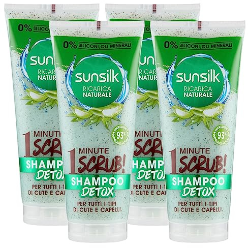 Sunsilk Shampoo Scrub Detox Ricarica Naturale per Tutti i Tipi di Cute e Capelli con Aloe Vera Ingredienti di Origine Naturale Senza Siliconi - 4 Flaconi da 200ml