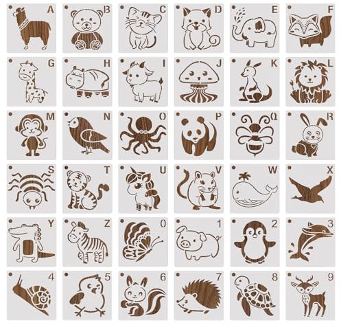 36 Stück Niedliches Tier Schablonen Kinder Schablonen Malen Klein Vorlagen Tiere Schablonen für DIY Sammelalben, Fotoalbum, Geschenkkarten (7.6x7.6cm)