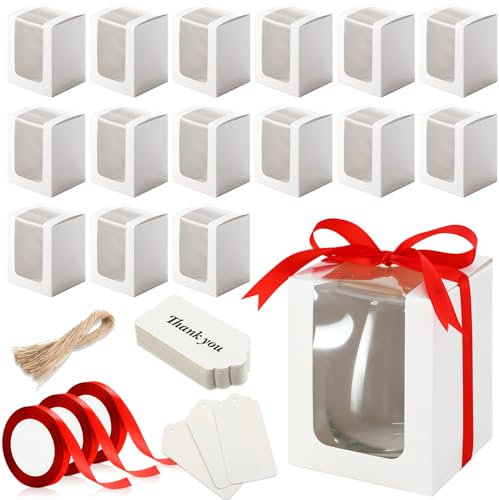 Fulmoon 50 Pack Gift Boxes for Wine Glass Transparent Gift Packaging Box for 9 oz Stemless Glass Paper Gift Box with Ribbon Tag Hemp Rope for Wedding Bridal Shower Baby Shower Birthday(White)