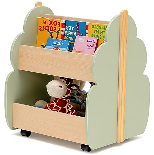 HOMASIS Kinder Bücherregal Spielzeugregal mit 2 Fächern, Holz Kinderregal Standregal mit 4 Rädern, niedliche Spielzeugkiste Aufbewahrung für Kinderzimmer, Spielzimmer & Kindergarten (Grün+Natur)