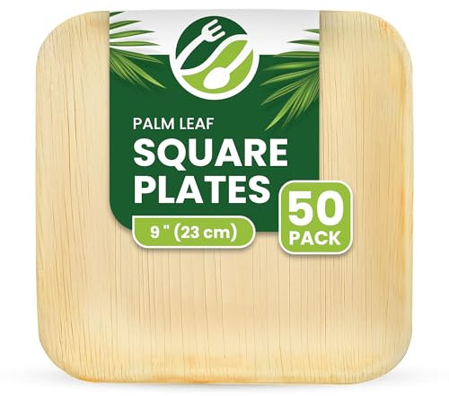 ECO Leaf 50 Pack Disposable Palm Leaf Plates – 9(23cm) Large Square Compostable, Eco-Friendly, Biodegradable Heavy-Duty Bamboo Plates for Weddings, Parties and Picnics, Oven Safe