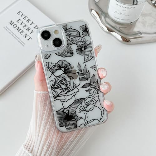 XIZYO Clear Rose Case for iPhone 13 6.1 Inch, Cute Rose Flower Floral Pattern Slim Shockproof Phone Case, for Girls Women Soft TPU Luxury Transparent Protective Case, Black