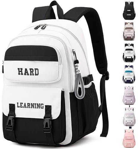 IBALULU Schulrucksack Teenager Mädchen - 30L Schulranzen für Mädchen Jungen 3. - 5. Klasse, Großer Rucksack für Mittel- und Oberstufe, Lässiger Kinderrucksack mit Mode Seil Charms(Weiß Schwarz)