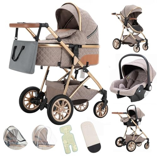 Gcarebb Kinderwagen 3 in 1, Kinderwagen Buggy Mit Auto Babyschale, Mit Höhenverstellbarer Kinderwagen Komplettset, KombiKinderwagen Mit Aluminiumrahmen für Neugeborene 0 bis 3 Jahre (Khaki)