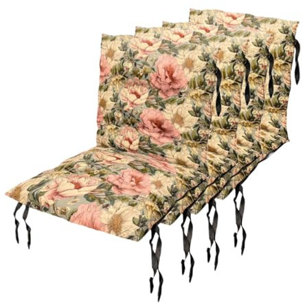 Sitzkissen Gartenstuhl mit Rückenlehne 50 x 50 cm 4st. Pfingstrose - Beständig Gegen Schimmel und Feuchtigkeit - Wasserdicht Sitzauflagen für Gartenstühle mit Befestigungsschnüre (SET x4)
