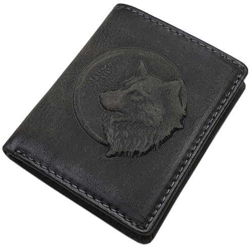 myledershop Kleine Echt Büffel-Vollleder Geldbörse/Geldbeutel/Portemonnaie/Geldtasche in Hochformat mit 3D Prägung und RFID & NFC Schutz (3D Wolf Prägung/Vintage-Grau)