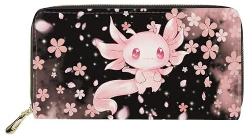Xhuibop Axolotl Damen-Geldbörse aus Leder, groß, lang, Kirschblüte, mit Tasche, Kartenhalter, Geldorganizer, Reißverschluss, Geldbörse, Cherry Blossom Pink Axolotl, Einheitsgröße, Casual