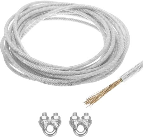 Sourcing Map 6mm (1/4 inch) Clear Vinyl Coated Steel Wire Rope, 6m /20ft with 2PCS M6 Loop Sleeves for String Light Hanging, Deck Railing, Garden Wire