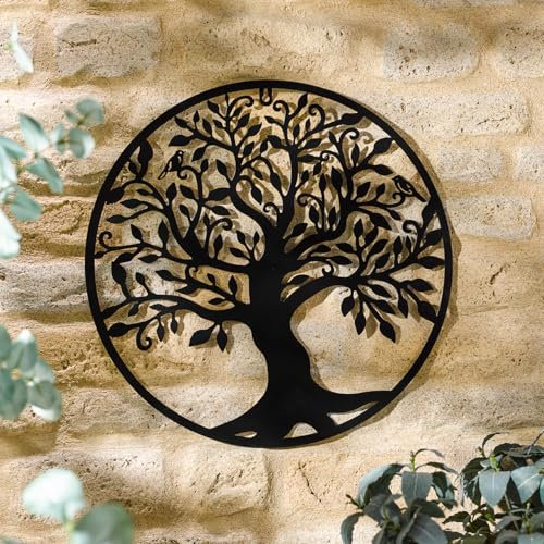 Tree of Life Garden Wall Art – Decorative Iron Indoor Outdoor Plaque Sculpture Ornament with Integral Hanging Hook for Balcony, Fence, Patio, Decking, Garage, Shed, Yard – Measures 45cm Diameter