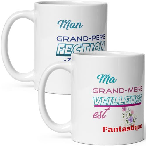 Duo Mug grand mère grand père amour - Tasses mon papi perfection ma mamie merveilleuse - Mugs grands parents humour n°1 à offrir - Tasses cadeau fête anniversaire Noël céramique 325ml petit déjeuner