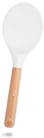 REISHUNGER Silicone Spoon, Heat Resistant Spoon Made of BPA Free Silicone and Slim Wooden Handle, Suitable for Delicate Coatings Such as Wok and Pan - White