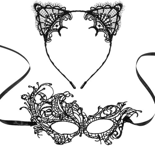 HJZHII Katzenohren Haarreif Katzenmaske Set,Venezianische Maske Damen,Catwoman Maske Kostüm Damen Katzen Ohren Sexy Augenmaske aus Spitze für Frauen Maskerade Masken Katzenkostüm Karneval Accessoires