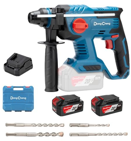 DongCheng 20V Max Brushless Rotary Hammer Drill, 7/8 SDS-Plus, 2.1 J Impact, 4 Modes, 4,500 BPM, Cordless with 2x4.0Ah Battery, Fast Charger, 4 Bits, Case for Concrete Drilling & Demolition