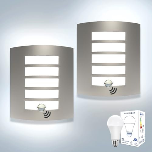 Unikcst 2X Outdoor Wall Lights PIR Motion Sensor, Curved Outside Lights with Sensor IP44 Waterproof Stainless Steel Exterior Wall Sconce Incl. 12W LED E27 Bulbs Cool White