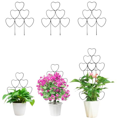 Rankgitter für Zimmerpflanzen, Metall, dekorative Stütze für Kletterpflanzen, kleines Rankgitter für Topfpflanzen, perfekt für Reben, Efeu und Pothos (3 Stück, schwarzes Herz)