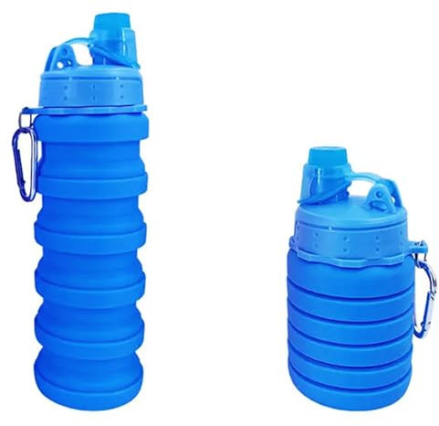 Bricoloco Botella de agua plegable de silicona con mosquetón - botella expandible de 500 ml, deportiva portátil para viajes y campamentos (azul) (3)